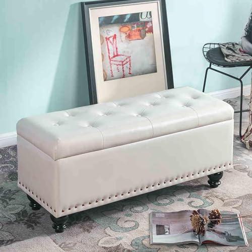 MESCXTY Faux Leather Storage Bench,Button-Tufted Ottoman Bench with Soft Padded Seat,Bedroom Bed End Stool,Change Shoe Bench Footstool for Entryway Living Room(120cm, Cream) von MESCXTY