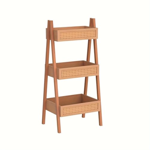 MESCXTY Freistehendes Bücherregal, Deckenleiter, Leiter-Bücherregal, 3-stufiges Rattanholz-Organizer-Lagerregal für Wohnzimmer, Schlafzimmer, Küche, Badezimmer, Balkon und Home Office von MESCXTY