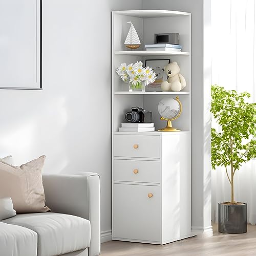MESCXTY Geschlossenes Bücherregal aus Holz, Eckregal, Bücherregal, Schrank, Regal, dreieckig, multifunktional, Ablage, weiß, mit 2 Schubladen, 30 cm L x 30 cm B, 139 cm H von MESCXTY