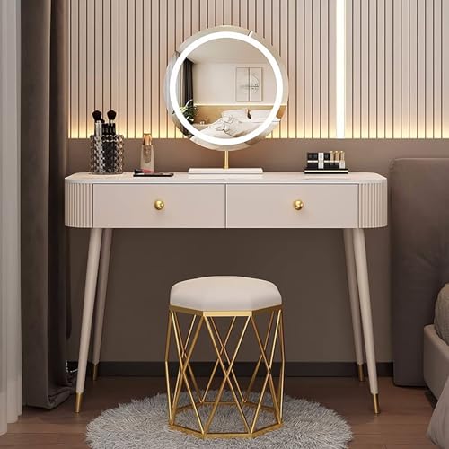 MESCXTY Luxuriöses Schminktisch-Set, Frisiertisch-Set mit rundem LED-beleuchtetem Spiegel und Schubladen, Frisiertisch mit gepolstertem Hocker für Schlafzimmer(100cm, B) von MESCXTY