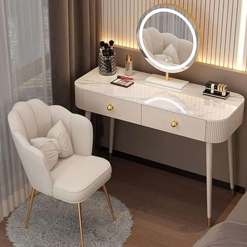 MESCXTY Luxuriöses Schminktisch-Set, Frisiertisch-Set mit rundem LED-beleuchtetem Spiegel und Schubladen, Frisiertisch mit gepolstertem Hocker für Schlafzimmer(100cm, C) von MESCXTY