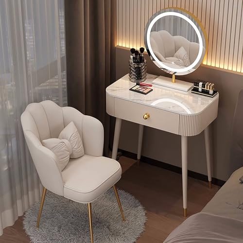 MESCXTY Luxuriöses Schminktisch-Set, Frisiertisch-Set mit rundem LED-beleuchtetem Spiegel und Schubladen, Frisiertisch mit gepolstertem Hocker für Schlafzimmer(50cm, C) von MESCXTY
