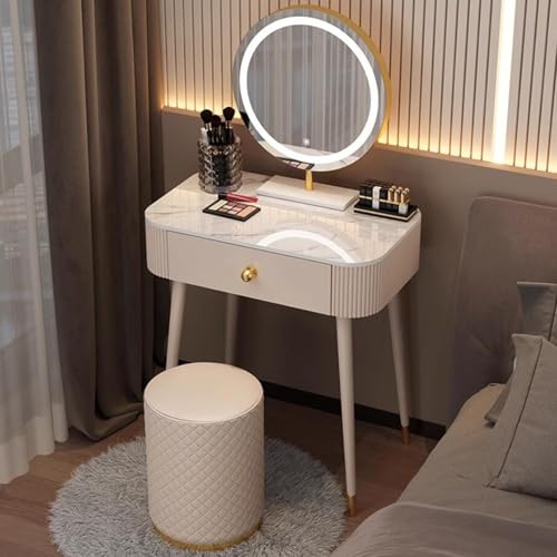 MESCXTY Luxuriöses Schminktisch-Set, Frisiertisch-Set mit rundem LED-beleuchtetem Spiegel und Schubladen, Frisiertisch mit gepolstertem Hocker für Schlafzimmer(60cm, A) von MESCXTY