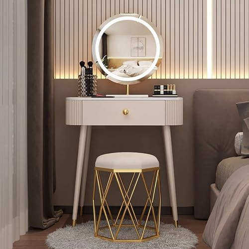 MESCXTY Luxuriöses Schminktisch-Set, Frisiertisch-Set mit rundem LED-beleuchtetem Spiegel und Schubladen, Frisiertisch mit gepolstertem Hocker für Schlafzimmer(60cm, B) von MESCXTY