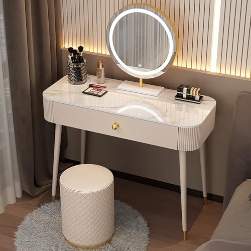 MESCXTY Luxuriöses Schminktisch-Set, Frisiertisch-Set mit rundem LED-beleuchtetem Spiegel und Schubladen, Frisiertisch mit gepolstertem Hocker für Schlafzimmer(80cm, A) von MESCXTY