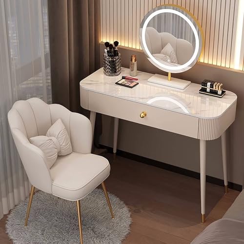 MESCXTY Luxuriöses Schminktisch-Set, Frisiertisch-Set mit rundem LED-beleuchtetem Spiegel und Schubladen, Frisiertisch mit gepolstertem Hocker für Schlafzimmer(80cm, C) von MESCXTY