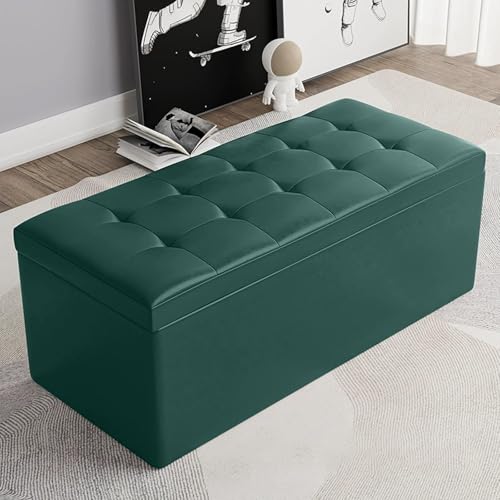 MESCXTY Modern Rectangular Storage Ottoman,PU Leather Upholstered Foot Rest Stool,Entryway Storage Bench Ottoman End of Bed,for Living Room Bedroom Office(110x30x35cm, Dark Green) von MESCXTY