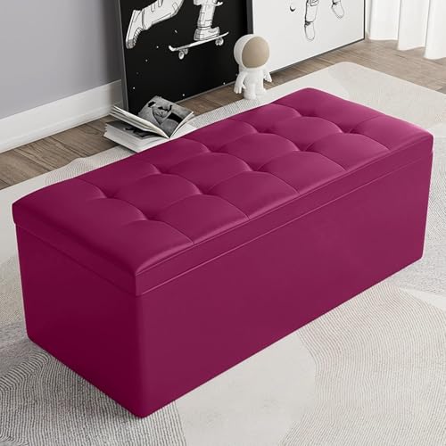 MESCXTY Modern Rectangular Storage Ottoman,PU Leather Upholstered Foot Rest Stool,Entryway Storage Bench Ottoman End of Bed,for Living Room Bedroom Office(110x30x35cm, Purple) von MESCXTY