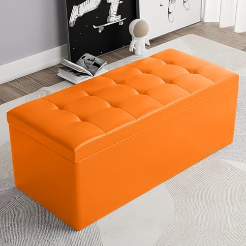 MESCXTY Modern Rectangular Storage Ottoman,PU Leather Upholstered Foot Rest Stool,Entryway Storage Bench Ottoman End of Bed,for Living Room Bedroom Office(120x30x35cm, Orange) von MESCXTY