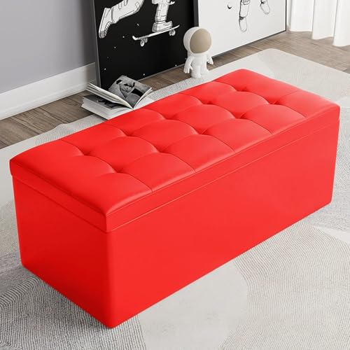MESCXTY Modern Rectangular Storage Ottoman,PU Leather Upholstered Foot Rest Stool,Entryway Storage Bench Ottoman End of Bed,for Living Room Bedroom Office(120x30x35cm, Red) von MESCXTY