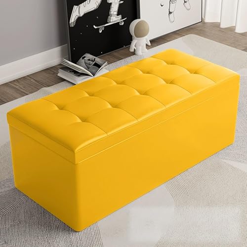 MESCXTY Modern Rectangular Storage Ottoman,PU Leather Upholstered Foot Rest Stool,Entryway Storage Bench Ottoman End of Bed,for Living Room Bedroom Office(120x40x40cm, Yellow) von MESCXTY