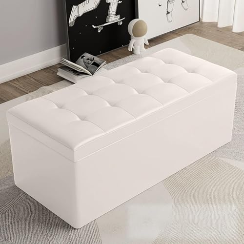 MESCXTY Modern Rectangular Storage Ottoman,PU Leather Upholstered Foot Rest Stool,Entryway Storage Bench Ottoman End of Bed,for Living Room Bedroom Office(150x30x35cm, Offwhite) von MESCXTY