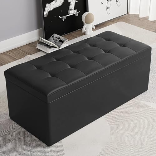 MESCXTY Modern Rectangular Storage Ottoman,PU Leather Upholstered Foot Rest Stool,Entryway Storage Bench Ottoman End of Bed,for Living Room Bedroom Office(90x30x35cm, Black) von MESCXTY