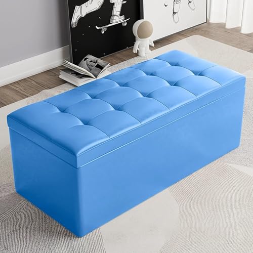 MESCXTY Modern Rectangular Storage Ottoman,PU Leather Upholstered Foot Rest Stool,Entryway Storage Bench Ottoman End of Bed,for Living Room Bedroom Office(90x30x35cm, Blue) von MESCXTY