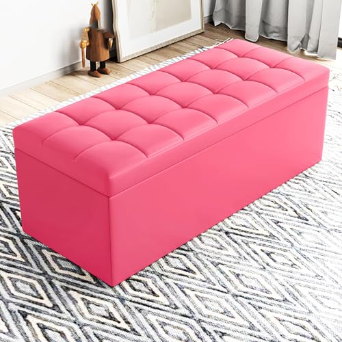MESCXTY Modern Rectangular Storage Ottoman,PU Leather Upholstered Foot Rest Stool,Entryway Storage Bench Ottoman End of Bed,for Living Room Bedroom Office(90x30x35cm, Rose Red) von MESCXTY