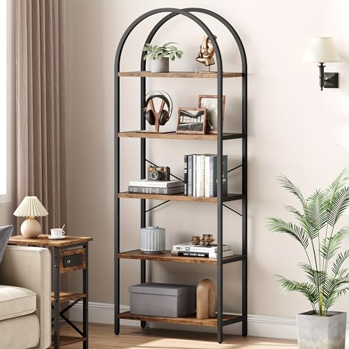 MESCXTY Offenes Bücherregal, 5-lagiges Bücherregal, gewölbt mit Metallrahmen, freistehendes Präsentationsregal für Schlafzimmer, Arbeitszimmer, Wohnzimmer und Büro, Standregal von MESCXTY