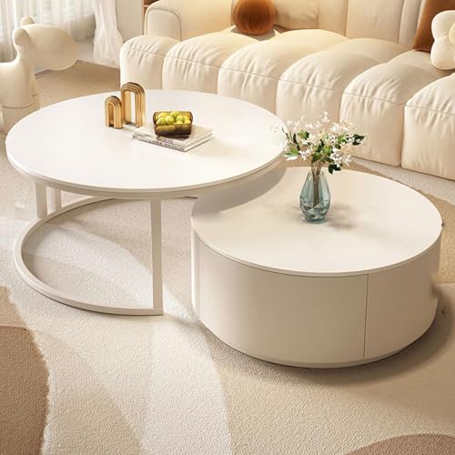 MESCXTY Runde Couchtische für Wohnzimmer, ausziehbarer Couchtisch, runder Couchtisch, 2er-Set, mittiger Couchtisch mit Schubladen, einfache Montage, für Wohnzimmer, Schlafzimmer, Büro, Wohnung (Weiß MESCXTY Runde Couchtische für Wohnzimmer, ausziehbarer Couchtisch, runder Couchtisch, 2er-Set, mittiger Couchtisch mit Schubladen, einfache Montage, für Wohnzimmer, Schlafzimmer, Büro, Wohnung (Weiß von MESCXTY