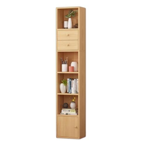 MESCXTY Schmales vertikales Bücherregal, Bücherregal aus Holz mit Türen und Schubladen, 6-stufiger großer Aufbewahrungs-Organizer für Bibliothek, Schlafzimmer, Wohnzimmer, Küche (Natur) von MESCXTY