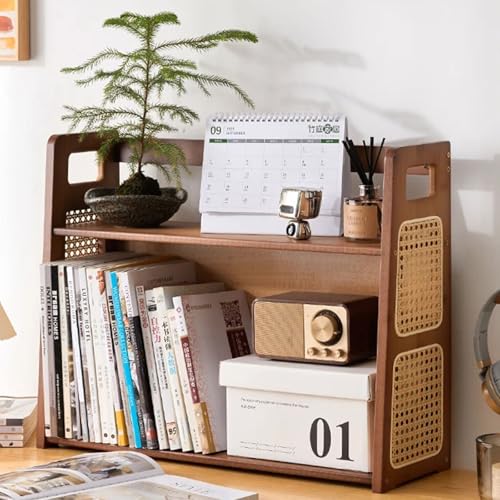 MESCXTY Schreibtisch-Organizer-Regal für Wohnheim | 2-stufige Schreibtisch-Bambusregale, Bücherregal, Büro-Aufbewahrungsregal, Ausstellungsregal, Walnuss, 60 cm L von MESCXTY
