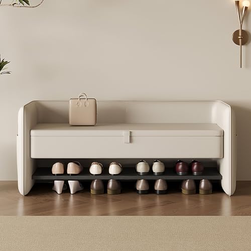 MESCXTY Shoe Bench with Cushioned Backrest, 2 Layer Shoe Rack at The Entrance, Multifunctional Sofa Style Bench, Suitable for Living Room, Bedroom, Entryway(140cm, Offwhite) von MESCXTY