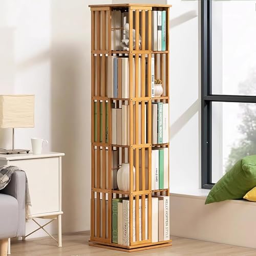 MESCXTY Um 360° drehbarer Bücherregalturm, drehbares Bücherregal aus Bambus, drehbares Eckregal, bodenstehendes Bücherregal für das Home-Office-Klassenzimmer (5 Ebenen, Natur) von MESCXTY