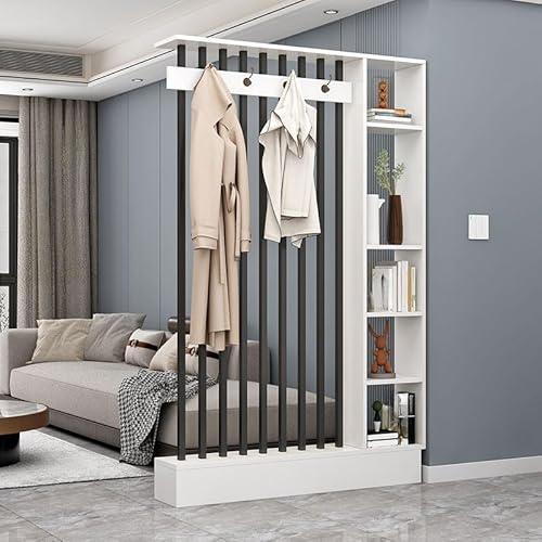 MESCXTY Wand-Raumteiler mit 4 Haken und Ablage, modernes Holz-Displayboard, Organizer, Aufbewahrung, Bücherregal für Eingangsbereich, Wohnzimmer (Weiß-Schwarz, 119,4 cm L x 200,7 cm H) von MESCXTY