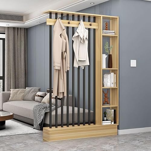 MESCXTY Wand-Raumteiler mit 4 Haken und Ablage, modernes Holz-Displayboard, Organizer, Aufbewahrung, Bücherregal für Eingangsbereich, Wohnzimmer (helles Walnuss-Schwarz, 119,4 cm L x 200,7 cm H) von MESCXTY