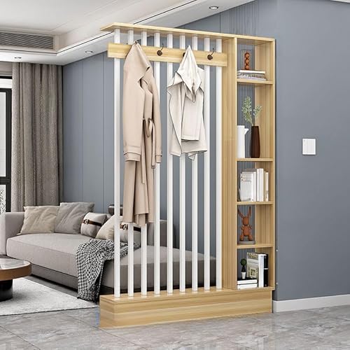 MESCXTY Wand-Raumteiler mit 4 Haken und Ablage, modernes Holz-Displayboard, Organizer, Aufbewahrung, Bücherregal für Eingangsbereich, Wohnzimmer (helles Walnuss-Weiß, 119,4 cm L x 200,7 cm H) von MESCXTY