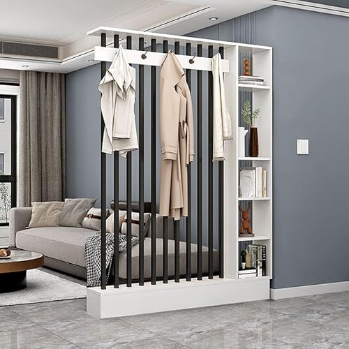 MESCXTY Wand-Raumteiler mit 5 Haken und Ablage, modernes Holz-Displayboard, Organizer, Aufbewahrung, Bücherregal für Eingangsbereich, Wohnzimmer (Weiß-Schwarz, 139,7 cm L x 200,7 cm H) von MESCXTY