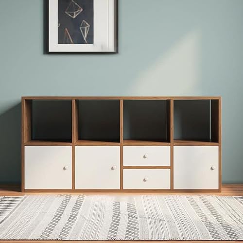 MESCXTY Würfelförmiges Aufbewahrungsregal, 8-Würfel-Bücherregal aus Holz mit 3 Türen und 2 Schubladen, Regal, Standdisplay für Wohnzimmer, Spielzimmer, Büro (Braun, 120 cm L x 30 cm T, 62 cm H) von MESCXTY
