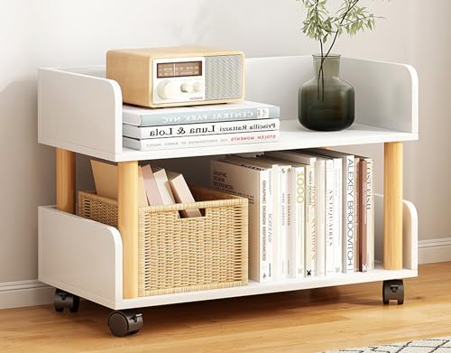Mobiles Bücherregal mit Rädern, 2 Ebenen, klein aus Holz für Räume, schmales Bücherregal, Organizer für Schlafzimmer, Wohnzimmer, Home Office von MESCXTY