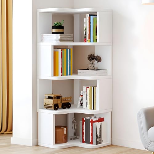 Moderne Eckregale aus Holz, Bücherregalständer, hohes Regal mit offener Rückseite und Mehreren Regalen für Wohnzimmer, Schlafzimmer, Home Office, weiß, 4-stöckig von MESCXTY
