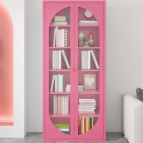 Modernes Bücherregal aus Metall, Standardregale inklusive, Bücherregal mit Glastüren, einfacher Spind, französischer Creme-Stil, Wohnzimmer-Vitrine, Pink, 80 cm L x 35 cm B, 199 cm H von MESCXTY
