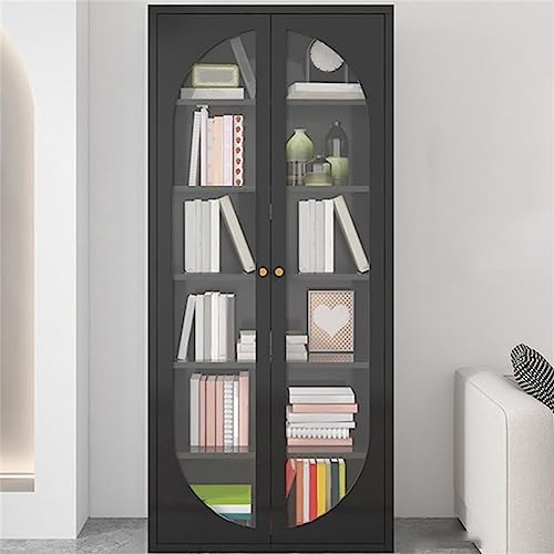 Modernes Bücherregal aus Metall, Standardregale inklusive, Bücherregal mit Glastüren, einfacher Spind, französischer Creme-Stil, Wohnzimmer-Vitrine, Schwarz, 80 cm L x 35 cm B, 190 cm H von MESCXTY