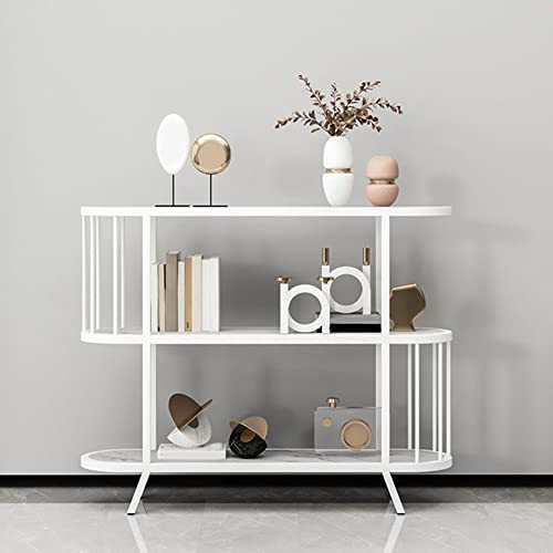 Ovaler Konsolentisch aus Stein, 80 cm hoch, Akzent mit 3 Regalen, nordischer Schiefer, Veranda, Wohnzimmer, an der Wand, Regal, Schmiedeeisen, Bücherregal, Sideboard, weiß, 80 cm L x 25 cm B x 80 cm von MESCXTY