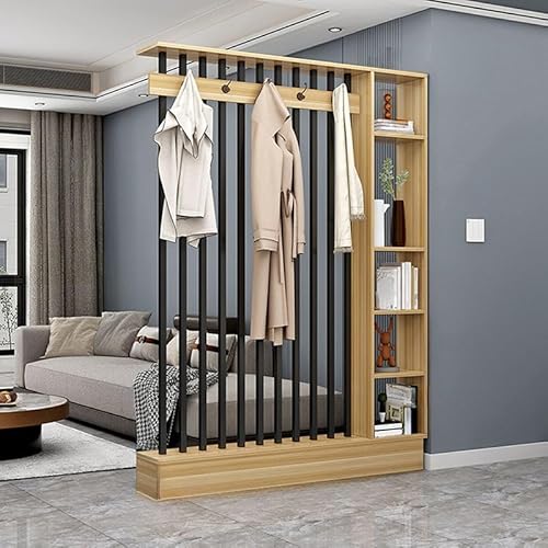 Raumteiler für die Wand mit 5 Haken und Ablage, modernes Holz-Displayboard, Organizer, Aufbewahrung, Bücherregal für Eingangsbereich, Wohnzimmer (helles Walnuss-Schwarz, 139,7 cm L x 200,7 cm H) von MESCXTY