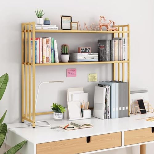 Schreibtisch-Bücherregal, 2-stöckiges Hutch-Lagerregal, Desktop-Computer-Organizer aus Metall, verstellbares Präsentationsregal für (Farbe: Goldrahmen + Goldplatte, Größe: 95 cm) von MESCXTY