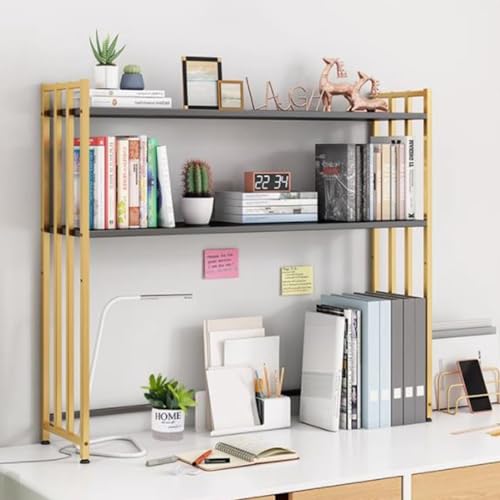 Schreibtisch-Bücherregal, 2-stöckiges Hutch-Lagerregal, Desktop-Computer-Organizer aus Metall, verstellbares Präsentationsregal für (Farbe: Goldrahmen + Tafel, Größe 75 cm) von MESCXTY