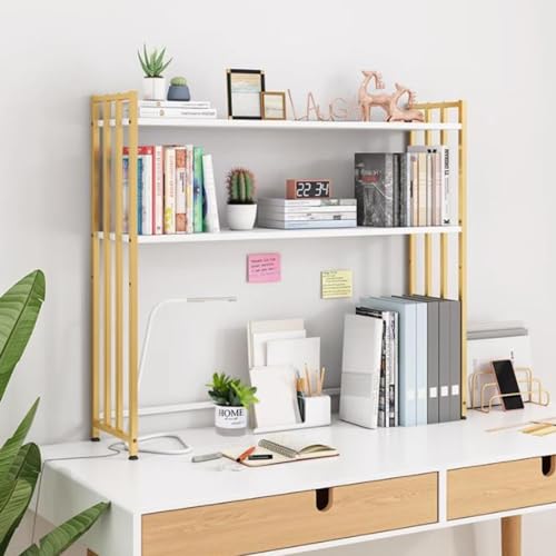 Schreibtisch-Bücherregal, 2-stöckiges Hutch-Lagerregal, Desktop-Computer-Organizer aus Metall, verstellbares Präsentationsregal für (Farbe: Goldrahmen + Whiteboard, Größe 115 cm) von MESCXTY