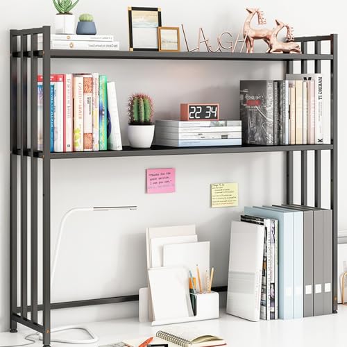 Schreibtisch-Bücherregal, 2-stöckiges Hutch-Lagerregal, Desktop-Computer-Organizer aus Metall, verstellbares Präsentationsregal für (Farbe: Schwarzes Regal + Tafel, Größe 95 cm) von MESCXTY