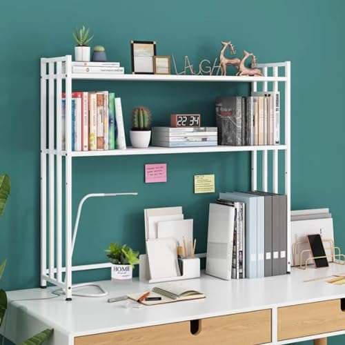 Schreibtisch-Bücherregal, 2-stöckiges Hutch-Lagerregal, Desktop-Computer-Organizer aus Metall, verstellbares Präsentationsregal für (Farbe: Weißes Regal + Whiteboard, Größe 115 cm) von MESCXTY