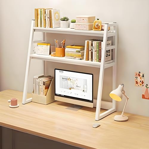 Schreibtisch-Bücherregal mit Metallrahmen, 3-stufiger Schreibtischaufsatz mit doppelter Unterstützung und Rückenstütze, Organizer-Regal im Trapezdesign, kompakte Bücheraufbewahrung für den Arbeitstisc von MESCXTY