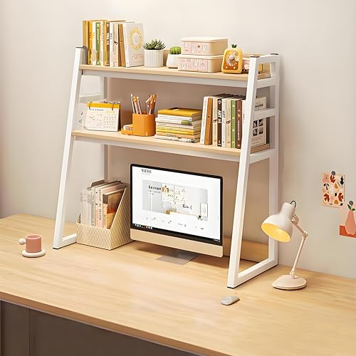 Schreibtisch-Bücherregal mit Metallrahmen, 3-stufiger Schreibtischaufsatz mit doppelter Unterstützung und Rückenstütze, Organizer-Regal im Trapezdesign, kompakte Bücheraufbewahrung für den Arbeitstis von MESCXTY