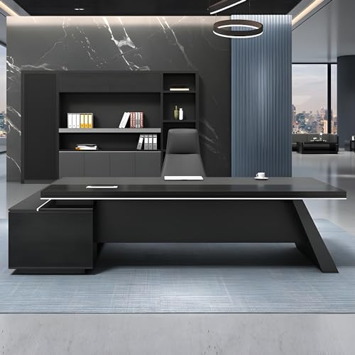 Schwarzer L-förmiger Büroschreibtisch mit Schrank für Chef, Vorgesetzter, Manager, L-förmiger Chefschreibtisch aus Holz, Empfangstresen für das Homeoffice, Schreibtisch aus Holzwerkstoff, Arbeitstisch von MESCXTY