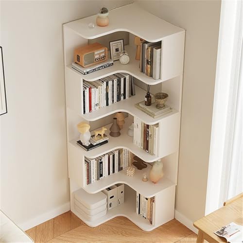 Vertikales Eckregal für die Wand mit offener Rückseite, 6-Regalböden, Holzbücherregal, Bodenbücherregal, mehrschichtige Aufbewahrung gegen das Bücherregal, Weiß, 24" L x B 63" H von MESCXTY