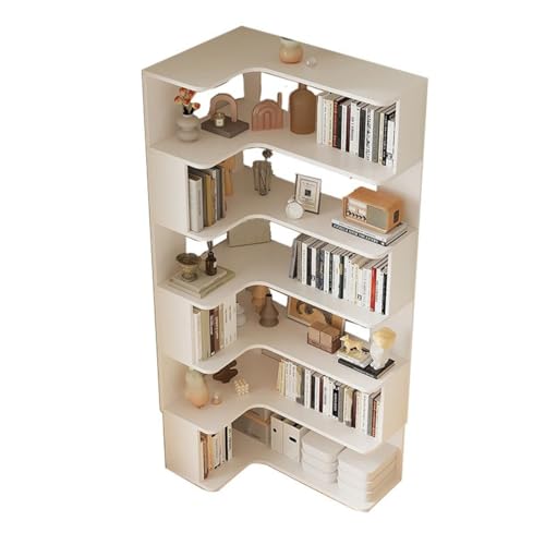 Vertikales Eckregal für die Wand mit offener Rückseite, 7-Regalböden, Bücherregal aus Holz, Boden-Bücherregal, mehrschichtige Aufbewahrung gegen das Bücherregal, Weiß, 35" L x 24" B, 75" H von MESCXTY
