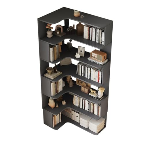Vertikales Eckregal für die Wand mit offener Rückseite, 7-Regalböden, Holzbücherregal, Bodenbücherregal, mehrschichtige Aufbewahrung gegen das Bücherregal, Grau, 35" L x 24" B, 75" H von MESCXTY