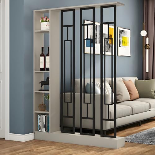 Wand-Raumteiler, modernes Bücherregal aus Holz mit durchscheinenden Bildschirmen und Mehreren Regalen, Aufbewahrungsschrank-Display für das dekorative Home-Office, 39,5" L x 80" H, Khaki-Grau-Schwarz von MESCXTY