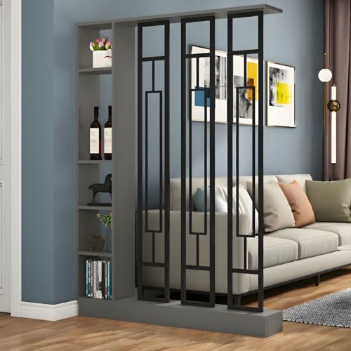 Wand-Raumteiler, modernes Bücherregal aus Holz mit durchscheinenden Bildschirmen und Mehreren Regalen, Aufbewahrungsschrank-Display für das dekorative Home-Office, 47" L x 80" H, Grau-Schwarz von MESCXTY