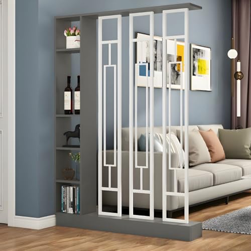 Wand-Raumteiler, modernes Bücherregal aus Holz mit durchscheinenden Bildschirmen und Mehreren Regalen, Aufbewahrungsschrank-Display für das dekorative Home-Office, 47" L x 80" H, Grau-Weiß von MESCXTY